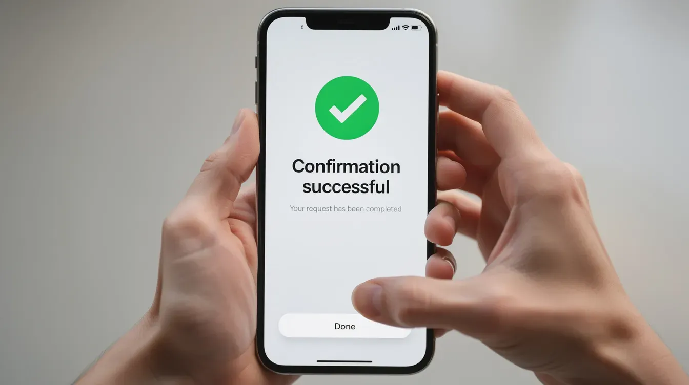 A pair of hands is holding a smartphone displaying a confirmation screen related to a personal tax account. The screen likely contains important information regarding income tax or self-assessment details, possibly prompting the user to verify their personal details or update their address with HM Revenue and Customs.