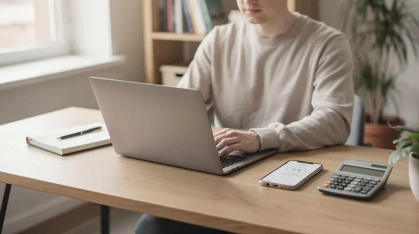 A freelancer is seated at a desk, focused on their laptop, with a phone and calculator nearby, suggesting they might be managing their finances or working on their tax return. This scene reflects the importance of tools like the HMRC app for handling national insurance and tax credits efficiently.