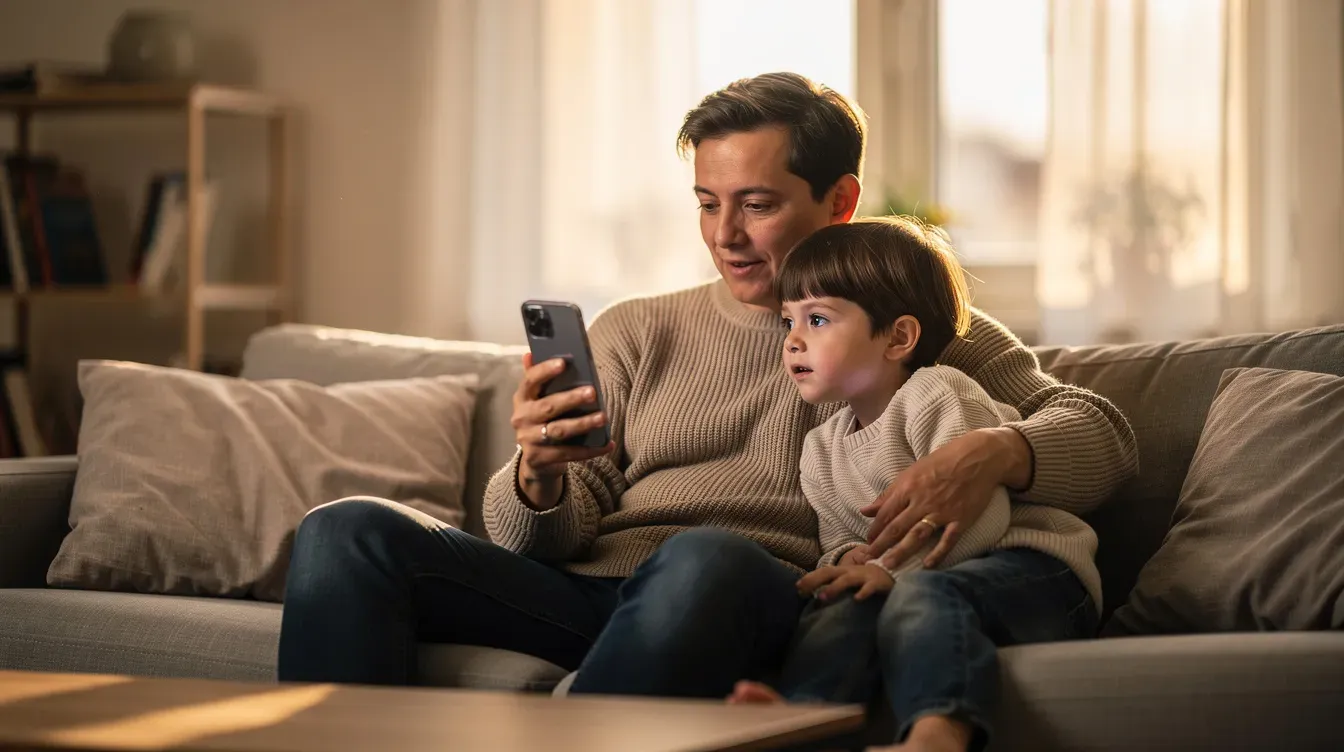 A parent and child are sitting together on a sofa, both focused on a smartphone. The image conveys a sense of togetherness as they explore features like the HMRC app for managing tax credits and child benefit details.