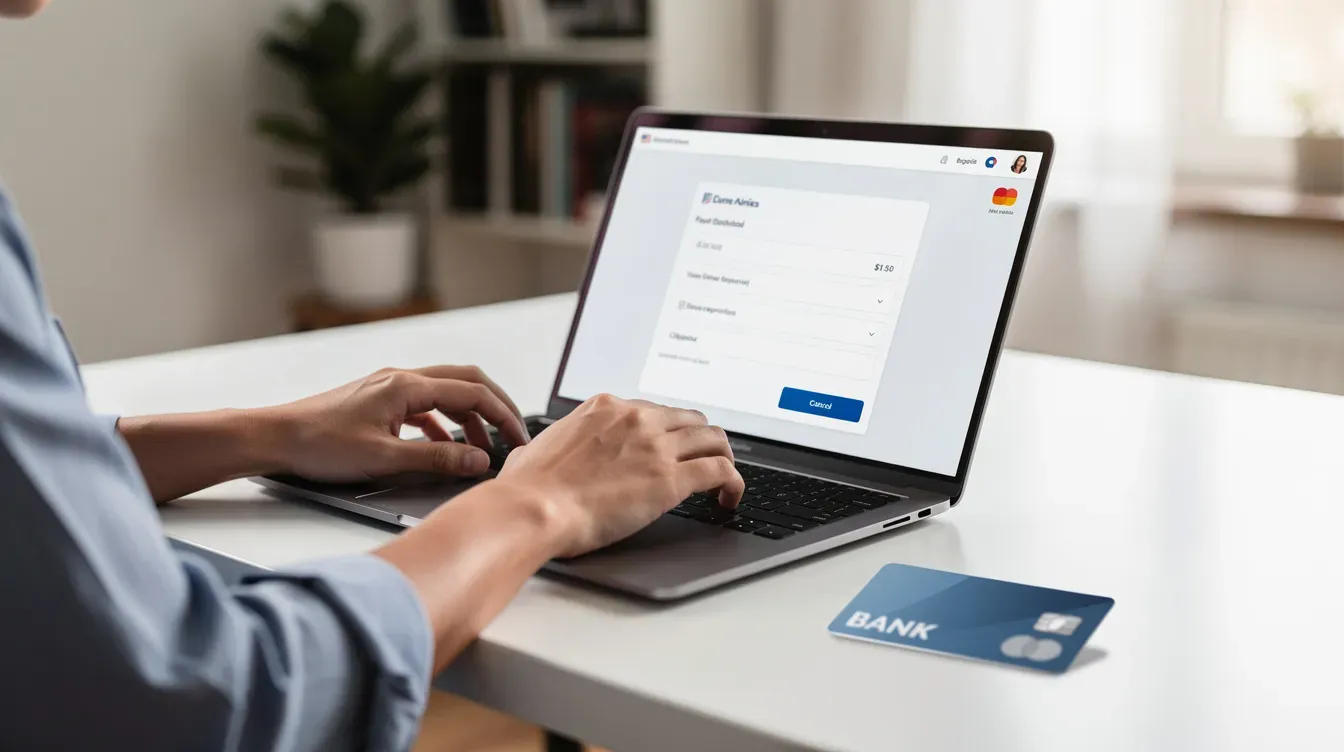 The image shows a person sitting at a desk, making an online payment on a laptop, with a bank card placed next to it. This scene represents the process of managing tax payments, such as self assessment tax, through an online bank account.