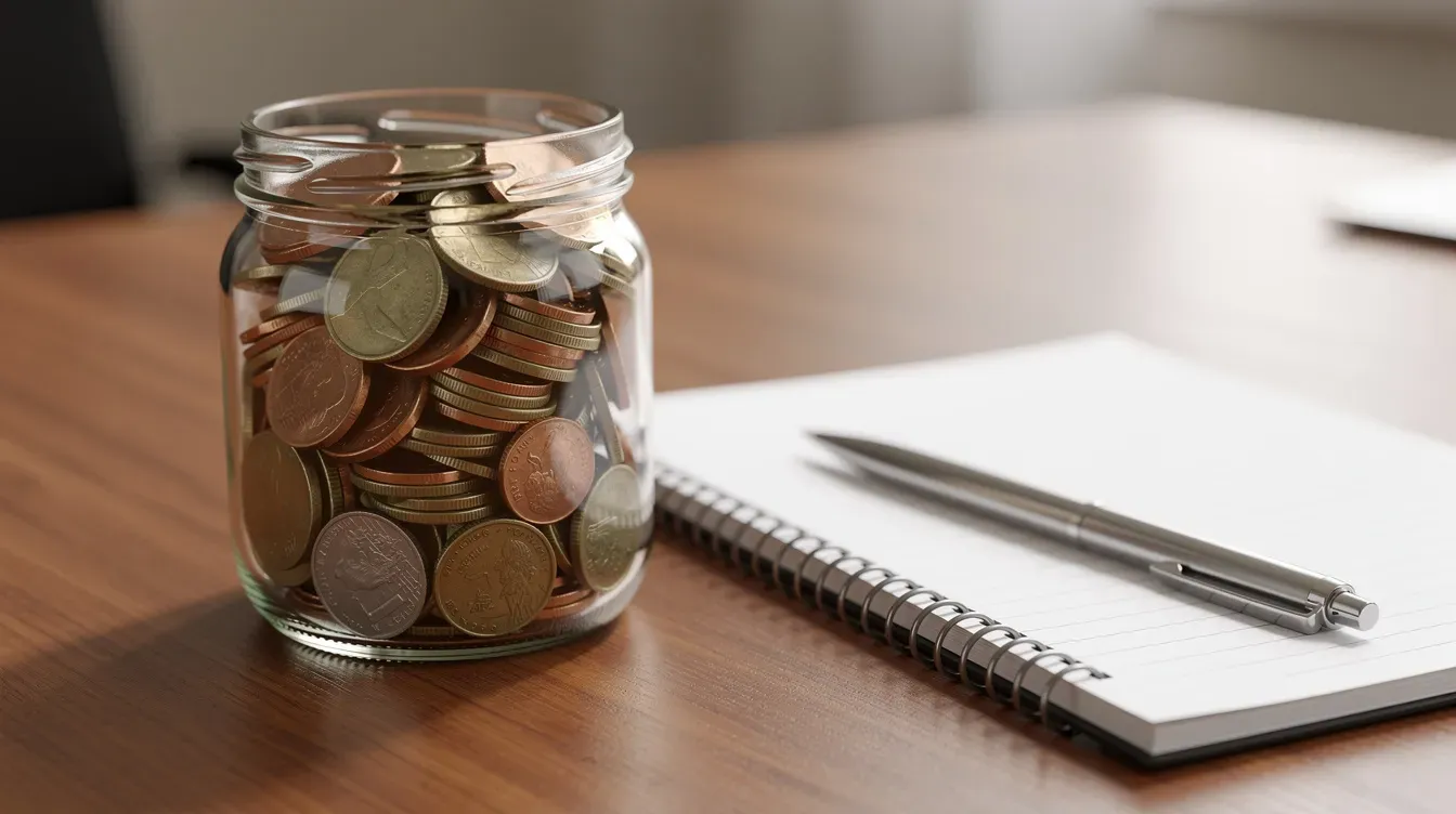 The image shows a glass jar filled with various coins placed on a wooden desk next to an open notebook, suggesting a personal budgeting setup for managing self assessment tax payments and other financial planning. The scene conveys the importance of tracking finances, possibly in preparation for upcoming tax bills or income tax assessments.