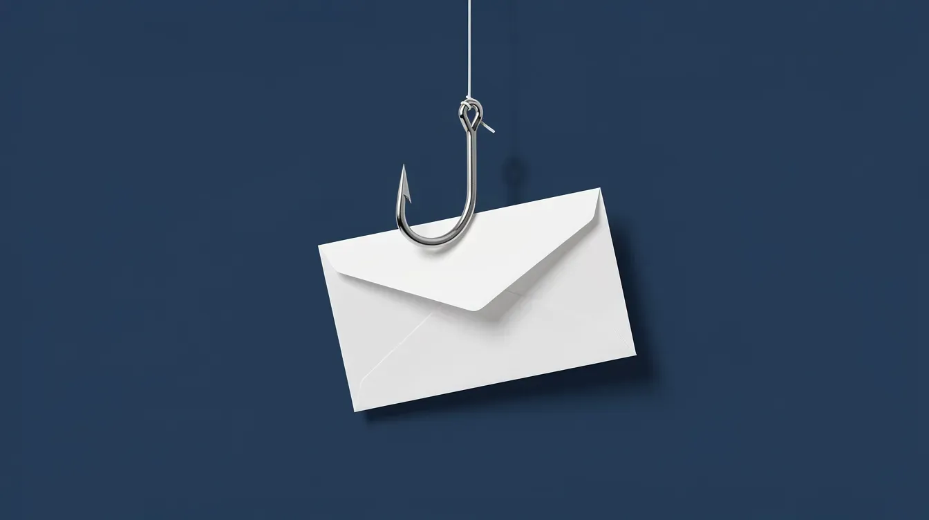 The image depicts a fishing hook catching an envelope against a dark blue background, symbolizing email phishing. This visual metaphor highlights the dangers of fraudulent emails that may ask for personal or financial information, such as tax rebate details or bank account information, often associated with HMRC scams.