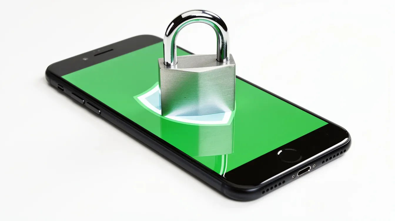 The image features a padlock positioned on a smartphone screen that showcases a green shield icon, symbolizing digital security and protection against scams, such as HMRC phishing emails that may seek personal or financial information. This visual emphasizes the importance of safeguarding sensitive details like bank account information and tax matters from identity theft and fraudulent activities.