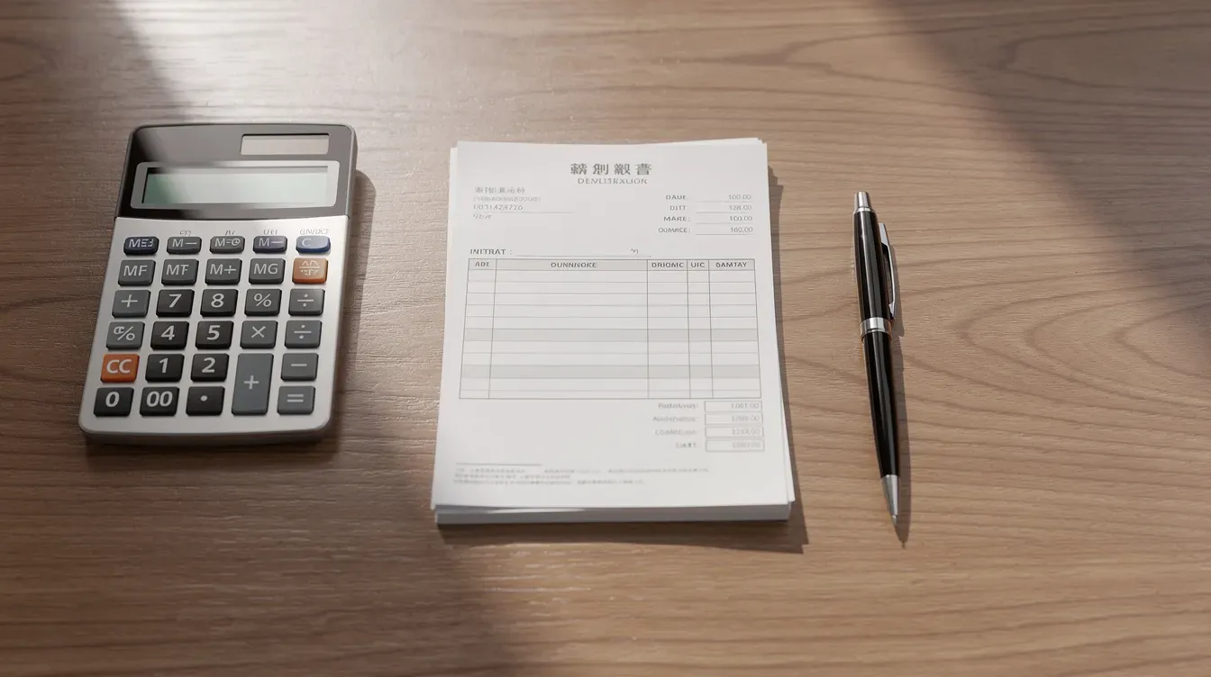 The image features a calculator, a stack of invoices, and a pen placed on a wooden office desk, suggesting a workspace focused on managing finances and preparing for tasks related to corporation tax and HM Revenue and Customs. This setup may be useful for individuals handling self-assessment or VAT payments, emphasizing the importance of organization in financial matters.