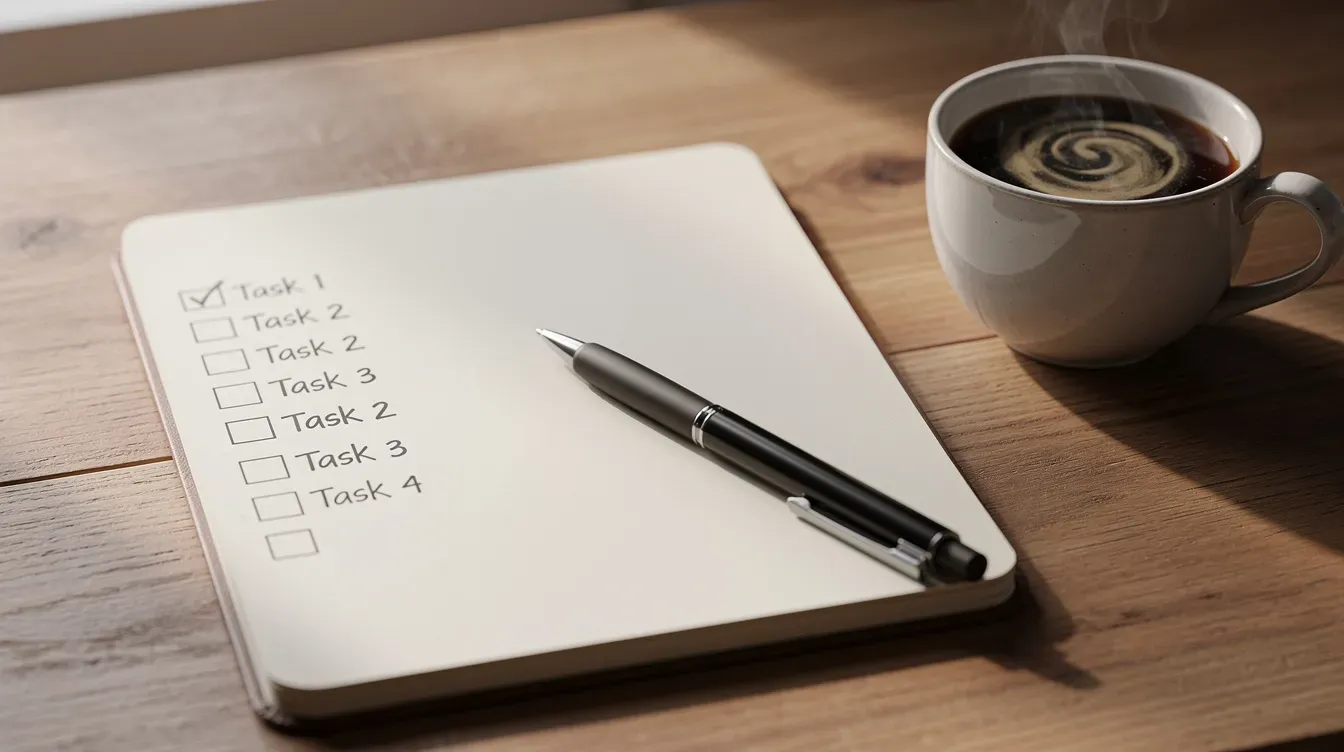 An open notebook displays a checklist with a pen resting on top, accompanied by a steaming cup of coffee, creating a productive workspace atmosphere. This image symbolizes organization and preparation, essential for managing tasks like corporation tax services and HMRC assessments.