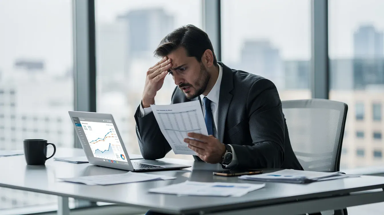 The image depicts a stressed business owner seated in a modern office, intently reviewing financial documents and a laptop screen, likely overwhelmed by corporation tax and VAT payment deadlines. The scene captures the challenges of managing self-assessment and HMRC obligations amidst financial difficulties.