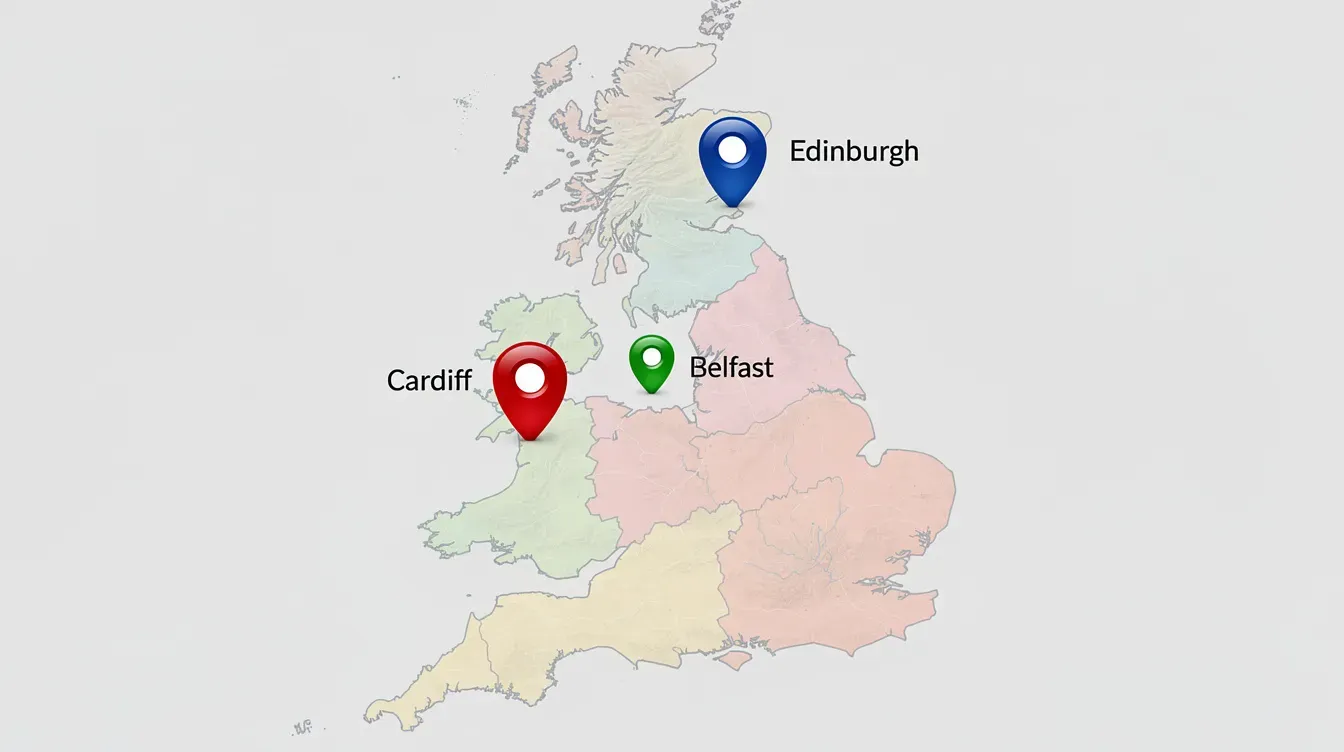 The image features a map of the United Kingdom with three pin markers highlighting the cities of Cardiff, Edinburgh, and Belfast. This visual representation is relevant for understanding the locations of companies registered with the UK government agency responsible for maintaining the companies house register.