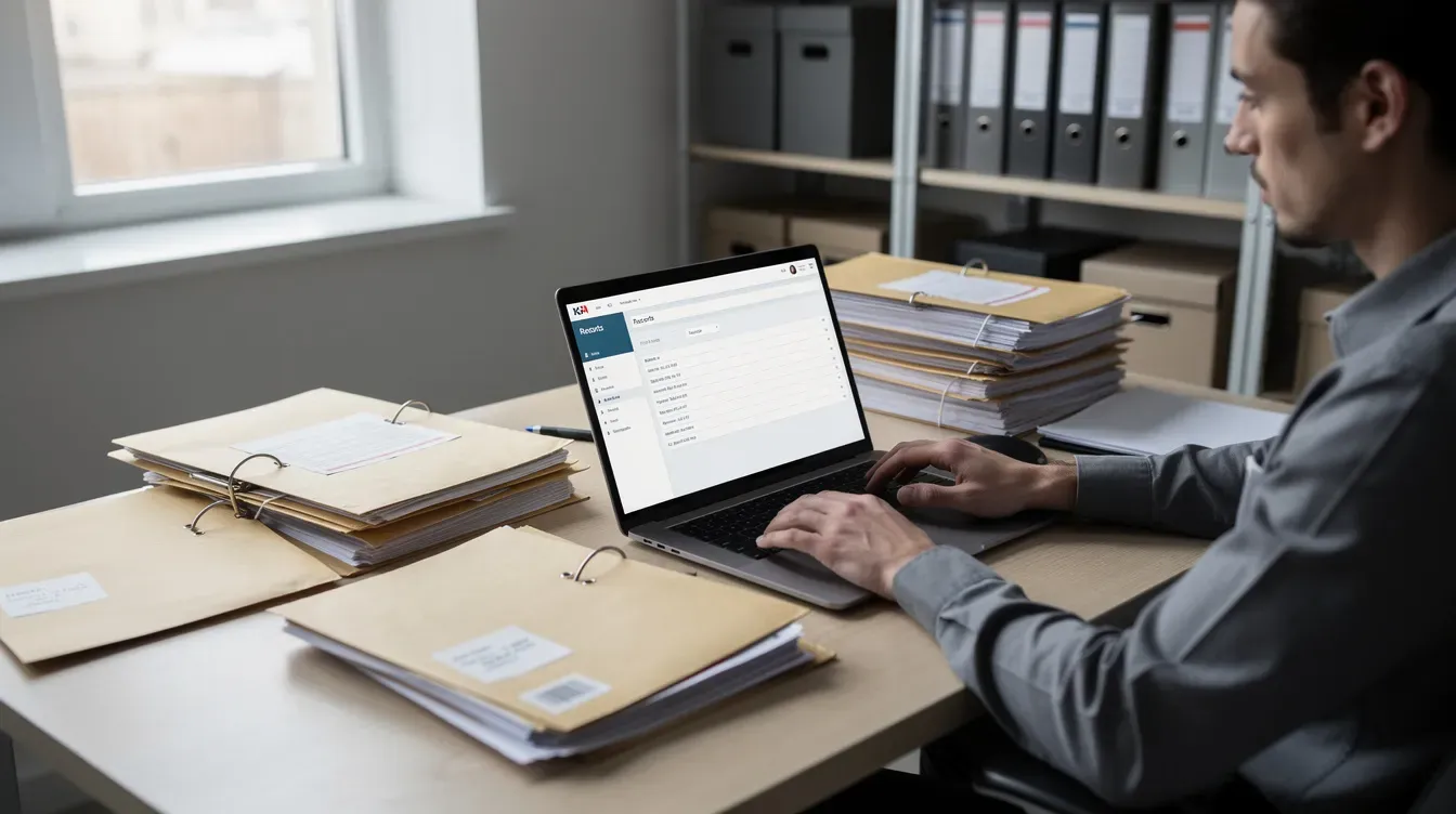 A person is sitting at a desk, focused on using a laptop computer to search through records related to UK companies, including information from the Companies House register. The scene highlights the importance of online services for accessing company details and verifying identity in compliance with UK company law.