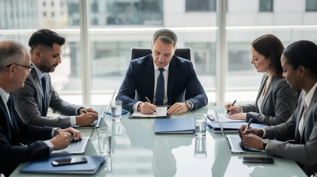 A group of business professionals is gathered around a conference table, intently reviewing and signing various documents related to company registration and compliance. The scene reflects the collaborative nature of corporate activities, emphasizing the importance of accurate company information and adherence to UK company law.
