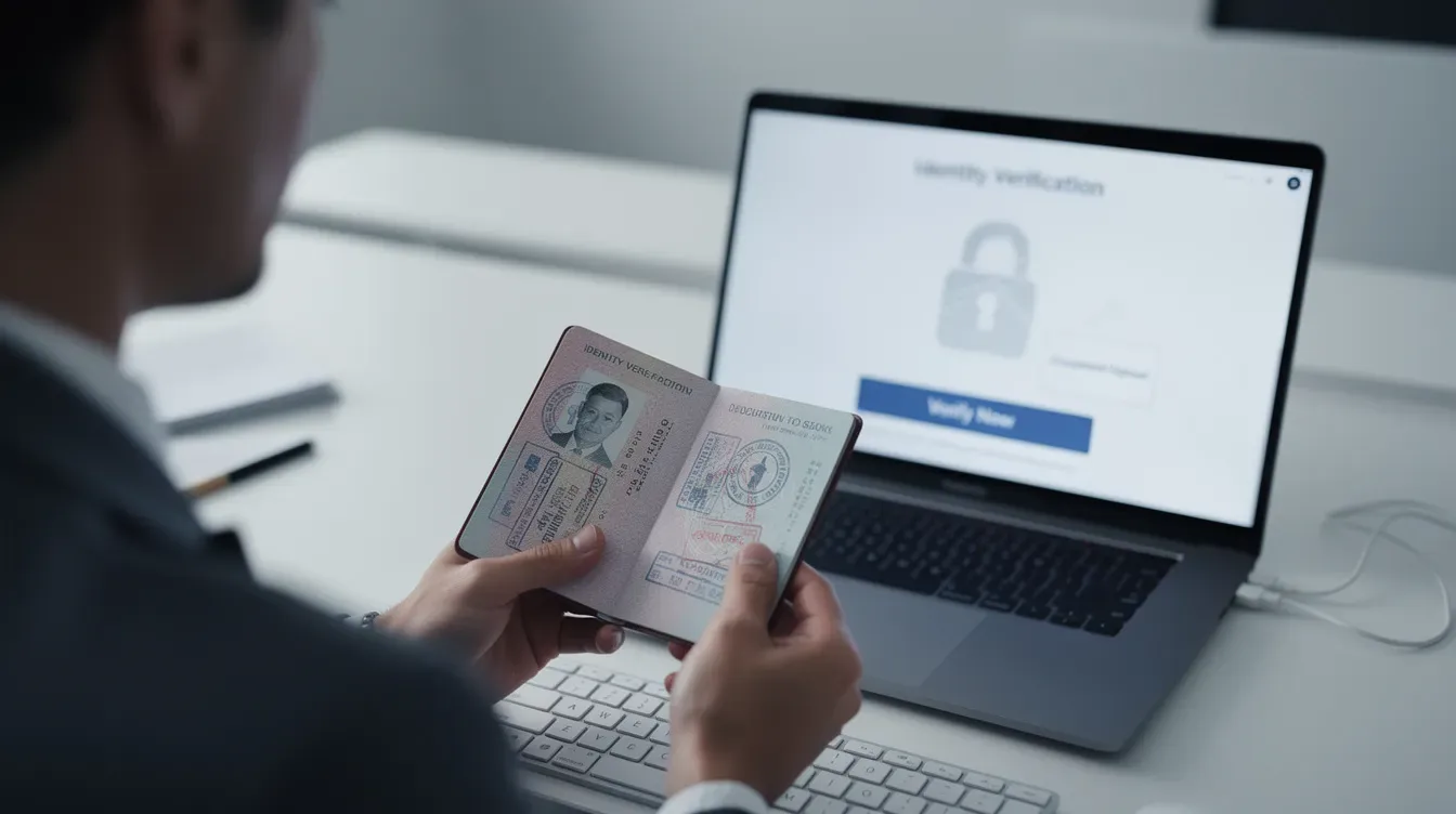 The image shows a person holding a passport next to a computer screen displaying a security verification interface, emphasizing the importance of identity verification in the context of UK company registration and compliance with the Corporate Transparency Act. This scene highlights the role of authorised corporate service providers in ensuring that company information matches the Companies House register.
