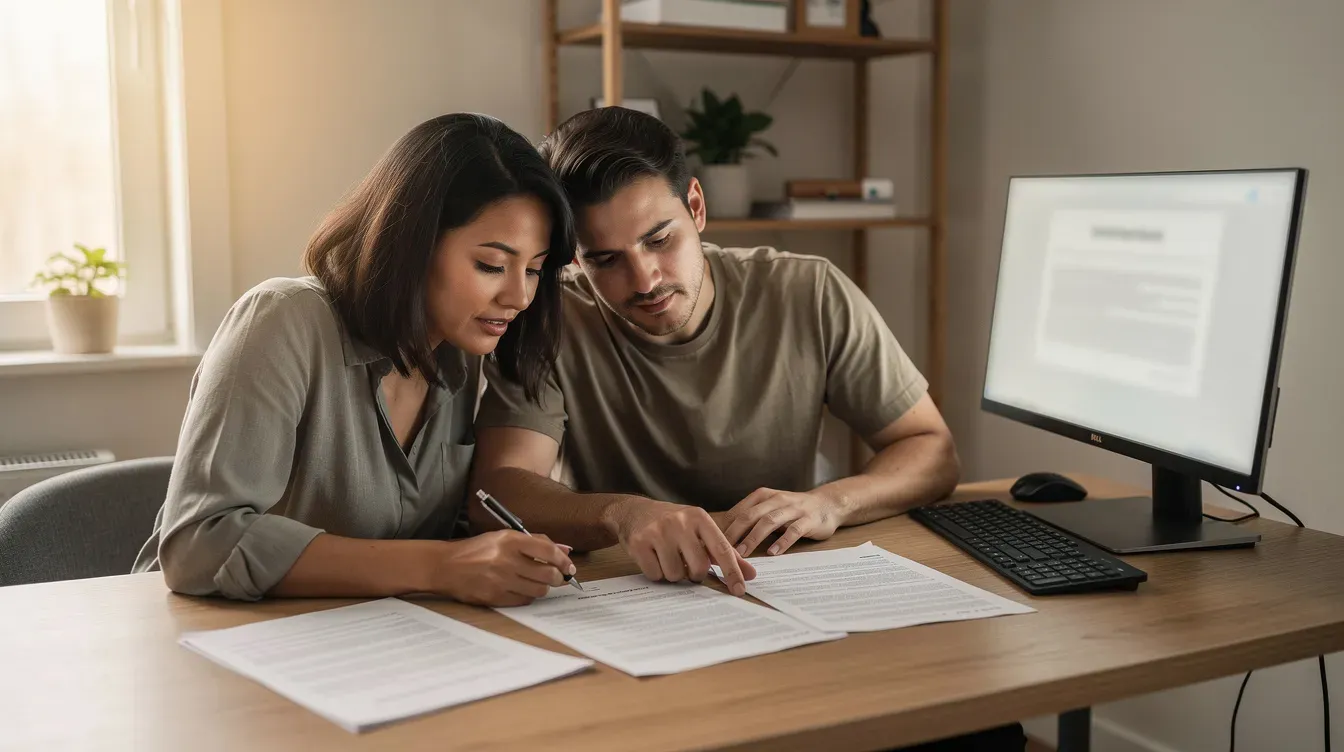 A couple is seated at a desk, reviewing paperwork together with a computer nearby, possibly discussing their eligibility for universal credit or other benefits. They appear focused and engaged, indicating they may be planning to make a joint claim for financial support.