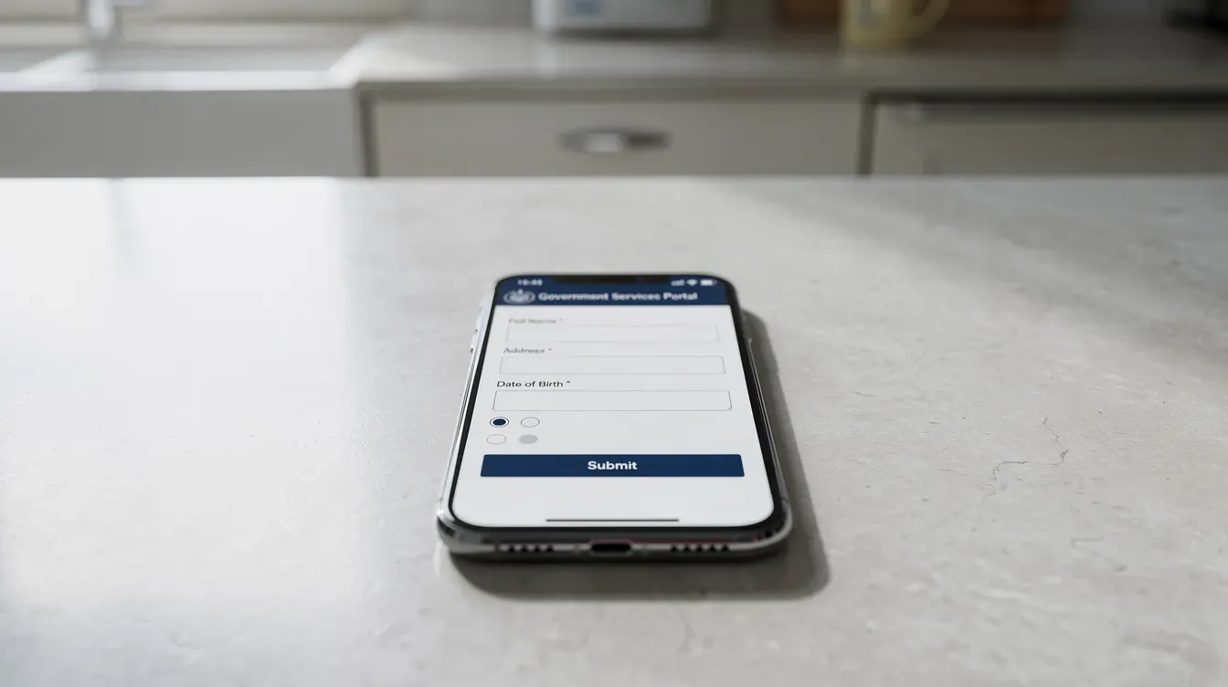 A smartphone rests on a kitchen counter, displaying a government online form for claiming universal credit. The screen shows various options related to benefits, including eligibility criteria and personal information fields.
