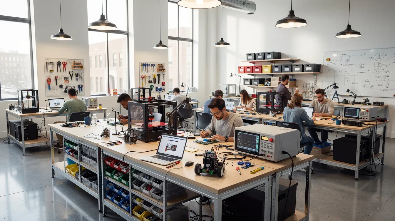 The image depicts a modern coworking laboratory space bustling with small teams engaged in prototype development at their benches, showcasing the collaborative environment typical of business incubators that support early stage startups. The setting includes various prototyping equipment, highlighting the innovative solutions being crafted by young companies in pursuit of their business ideas.