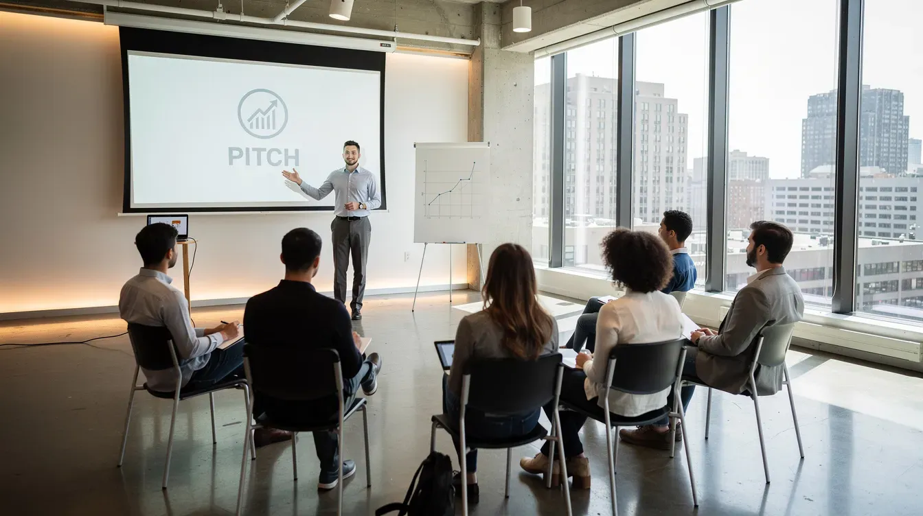 A small group of individuals is attentively listening to a startup pitch presentation in a modern event space featuring large windows, highlighting the collaborative environment typical of business incubators. This setting fosters networking opportunities and supports early stage companies as they develop innovative solutions and refine their business models.
