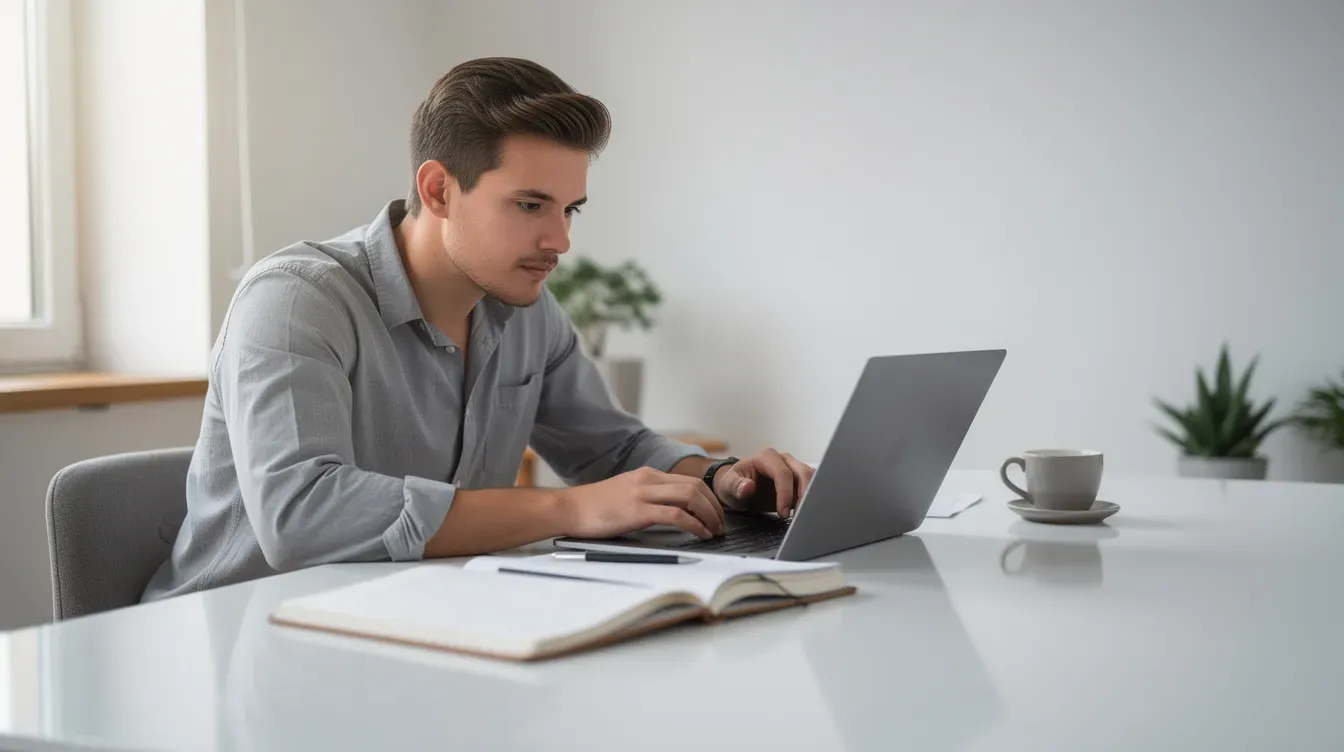 A focused young entrepreneur is working intensely on a laptop at a clean, modern desk, surrounded by notebooks and a coffee cup, embodying the spirit of innovation and business development often found in startup incubators. This scene reflects the environment where early stage companies strive to refine their business ideas and plans, supported by invaluable resources and networking opportunities.