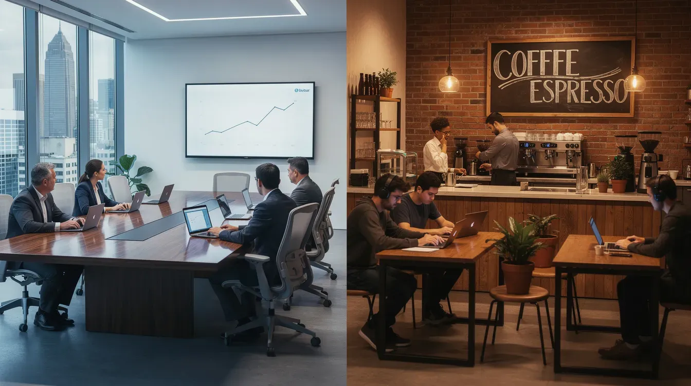 The image depicts a split scene with a corporate office conference room on one side, showcasing a formal business environment, and an independent coffee shop workspace on the other, highlighting a casual atmosphere for aspiring entrepreneurs. This contrast illustrates different settings for entrepreneurship, emphasizing the diverse paths of business ventures and the innovative ideas that can flourish in both environments.