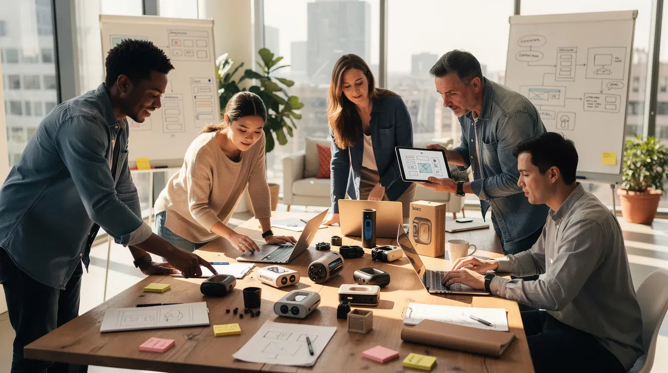 The image depicts a diverse team of aspiring entrepreneurs collaborating around a table filled with prototype products and laptops in a bright, modern workspace. They are engaged in discussions about innovative business ideas and strategies for their new business ventures, embodying the spirit of entrepreneurship and teamwork.