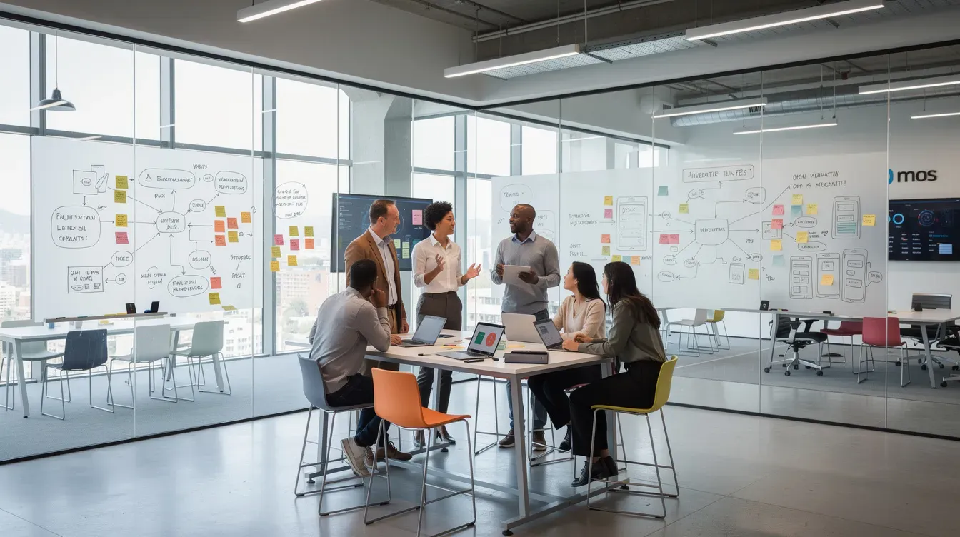 The image depicts a modern corporate innovation lab characterized by glass walls and whiteboards filled with diagrams, where a small team is engaged in an animated discussion, showcasing the collaborative environment essential for aspiring entrepreneurs to develop new business ideas and foster entrepreneurship. This setting reflects the dynamic nature of entrepreneurial pursuits and the importance of innovative ideas in driving economic growth.