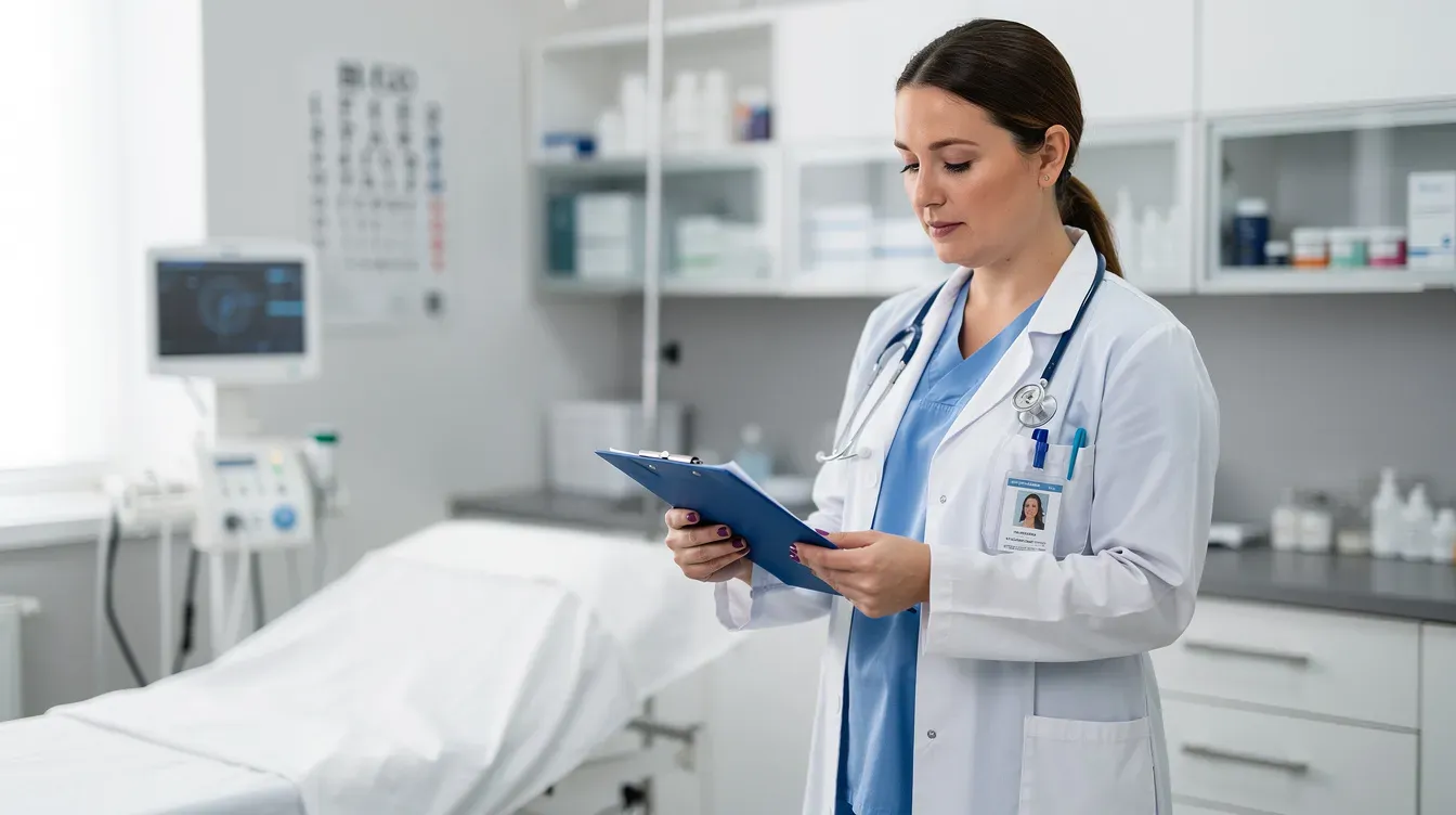 A medical professional is focused on reviewing patient notes on a clipboard in a clinic, highlighting the importance of providing medical evidence for claims related to health conditions or disabilities, which may affect capability for work and eligibility for benefits like universal credit or employment and support allowance.