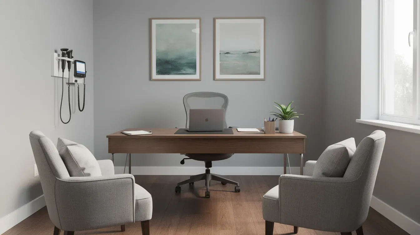 The image depicts a quiet medical assessment room featuring comfortable chairs and a desk, designed to provide a calming environment for individuals undergoing a work capability assessment related to their health condition or disability. The space is intended for medical professionals to gather necessary medical evidence and support individuals in claiming universal credit or employment and support allowance.