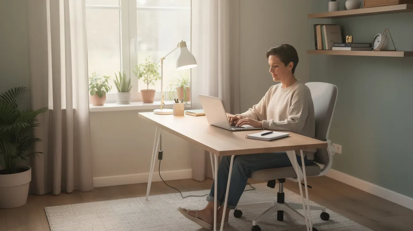 The image shows a person comfortably working from home at a laptop in a calm, adapted home office, reflecting a conducive environment for productivity. This setting may be particularly relevant for individuals with a health condition or disability seeking to manage their work capability while navigating support options like universal credit and employment and support allowance.