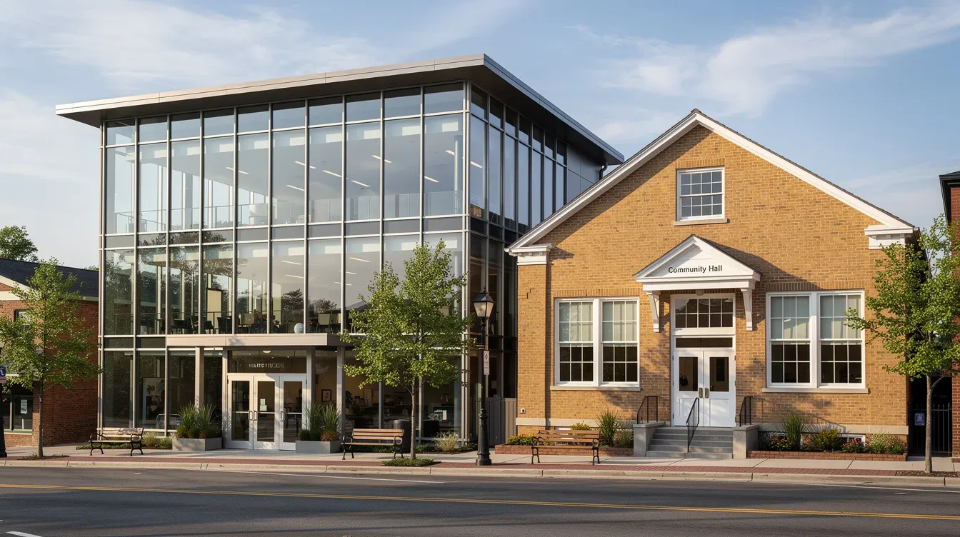 The image depicts two distinct buildings side by side: a sleek, modern glass office representing a private company limited by shares, and a traditional community hall that serves as a membership organization. This contrast highlights the diversity in architectural styles and functions of structures serving different community interests.