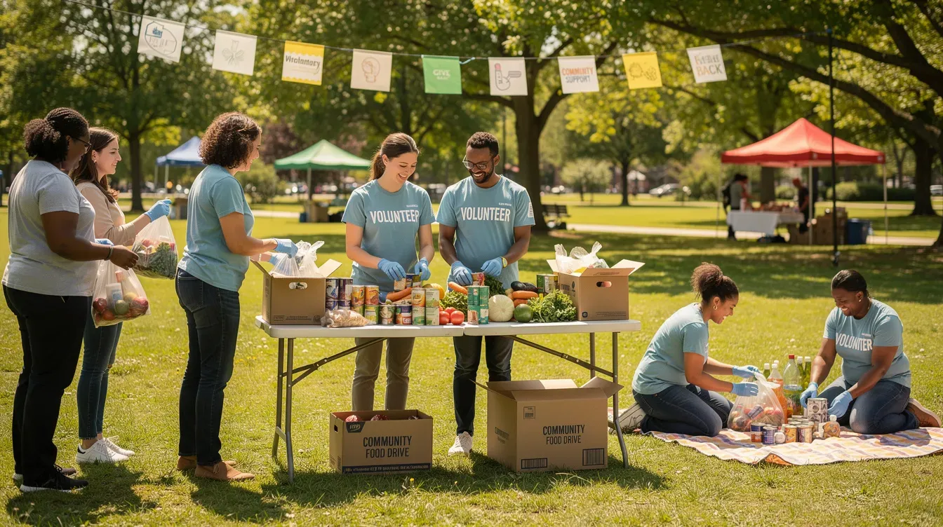 The image shows a group of volunteers working together at a community charity event outdoors, engaging in various activities to support local charitable initiatives. They are collaborating as a team, embodying the spirit of a company limited by guarantee, focused on making a positive impact for particular interest groups in their community.