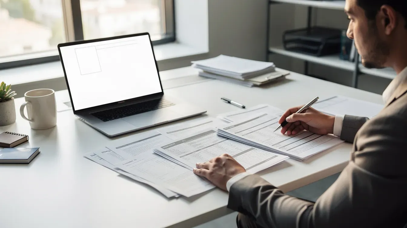 The image shows a person sitting at a desk, intently reviewing paperwork and documents while their laptop is open, suggesting they are managing tasks related to a company limited by guarantee. This scene reflects the responsibilities of directors and members in overseeing the company's affairs and ensuring compliance with regulations.