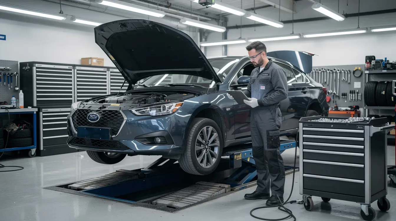 The image depicts a professional car garage workshop where a mechanic is inspecting a vehicle on a ramp, ensuring it meets the standards for a valid MOT test. The garage is well-equipped, illustrating the commitment to providing quality MOT services and repairs for various vehicle types.