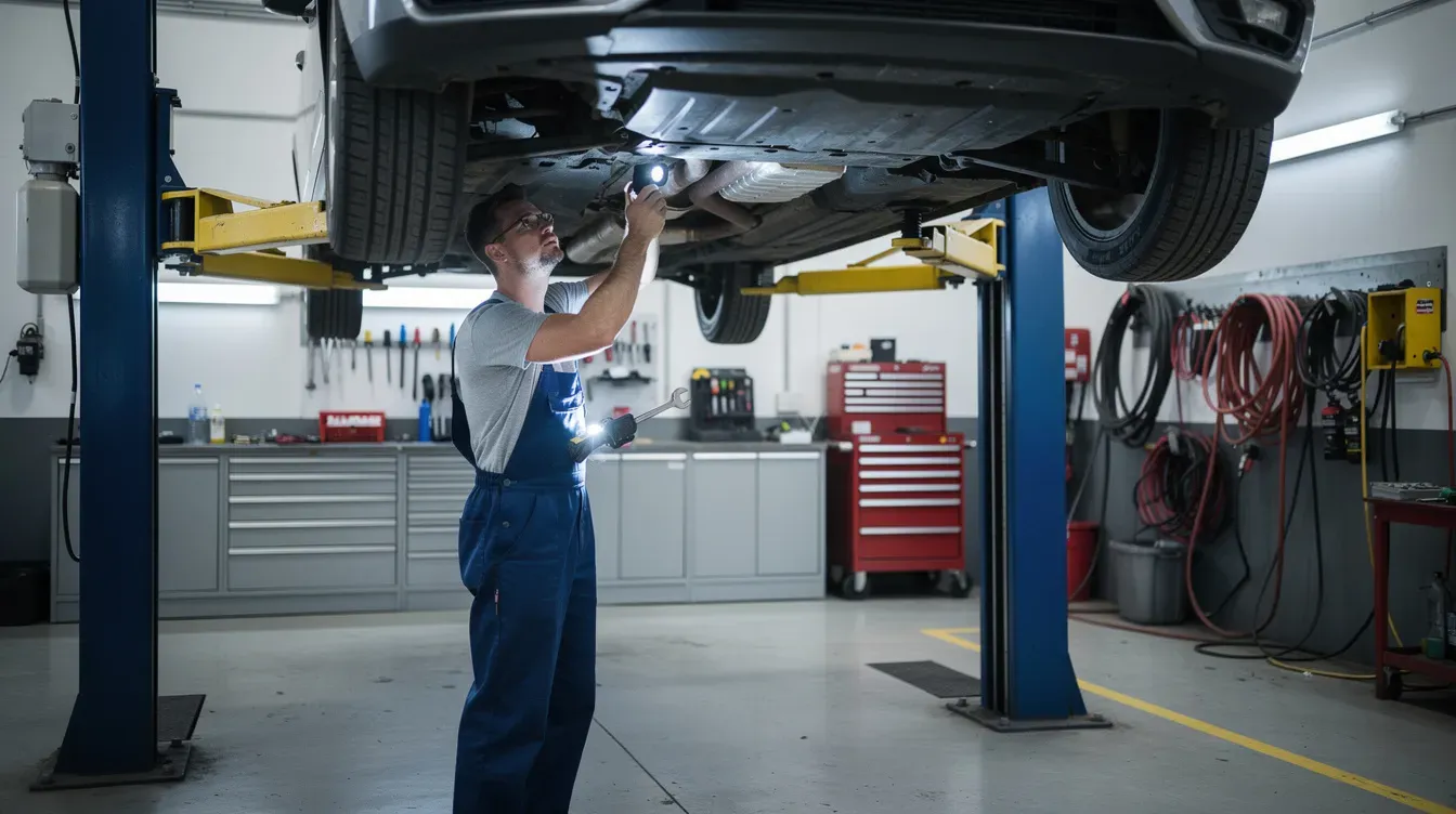 A mechanic is inspecting the underside of a car on a hydraulic lift in a bright workshop, ensuring all components meet the standards for a valid MOT test certificate. The scene highlights the importance of regular maintenance and repair work to ensure vehicle safety and compliance with MOT regulations.