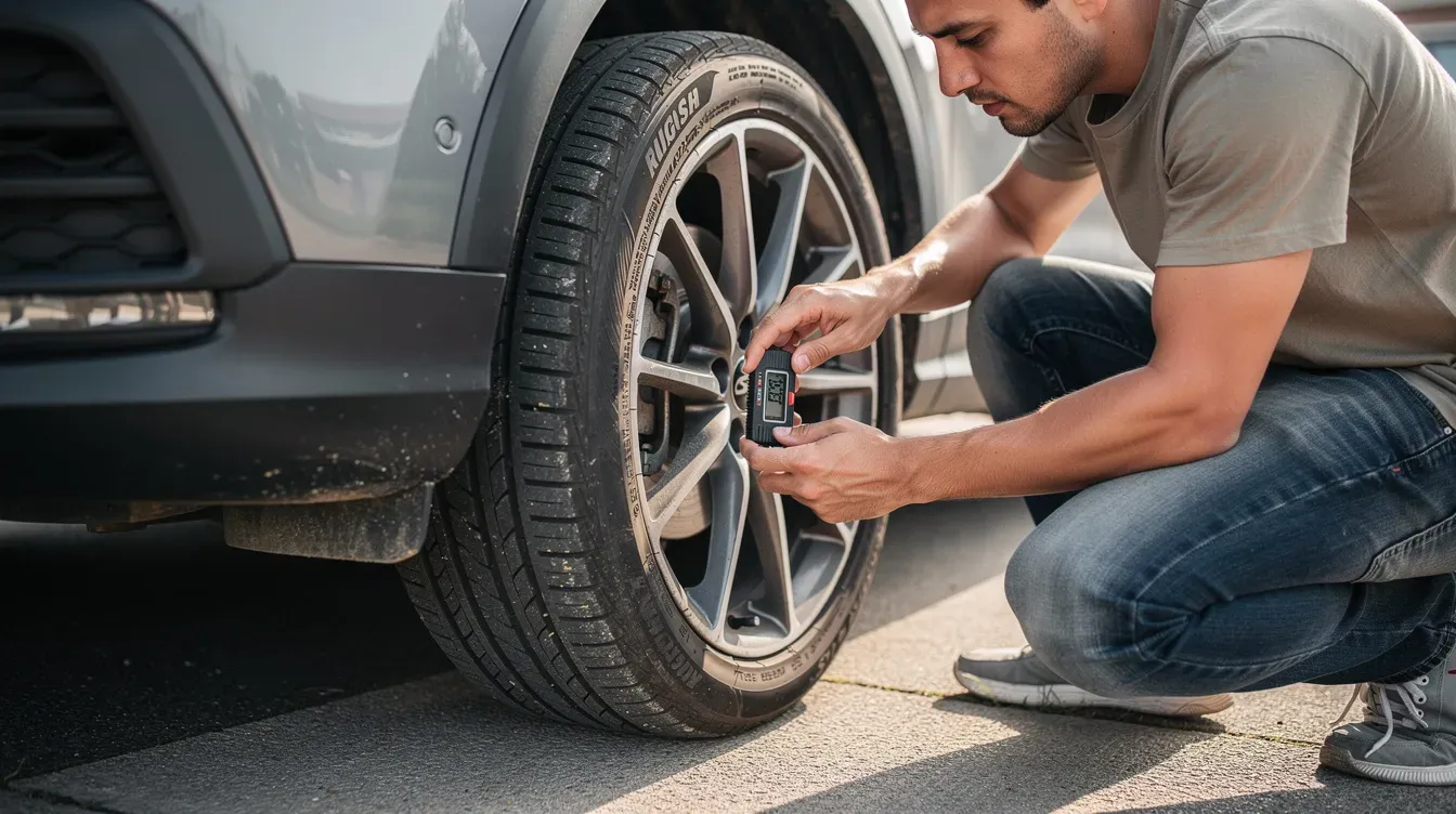 A person is crouching beside a car wheel, using a gauge tool to check the tyre tread depth, ensuring the tyre condition is safe for driving. This inspection is crucial for passing the MOT test and maintaining a valid MOT certificate.