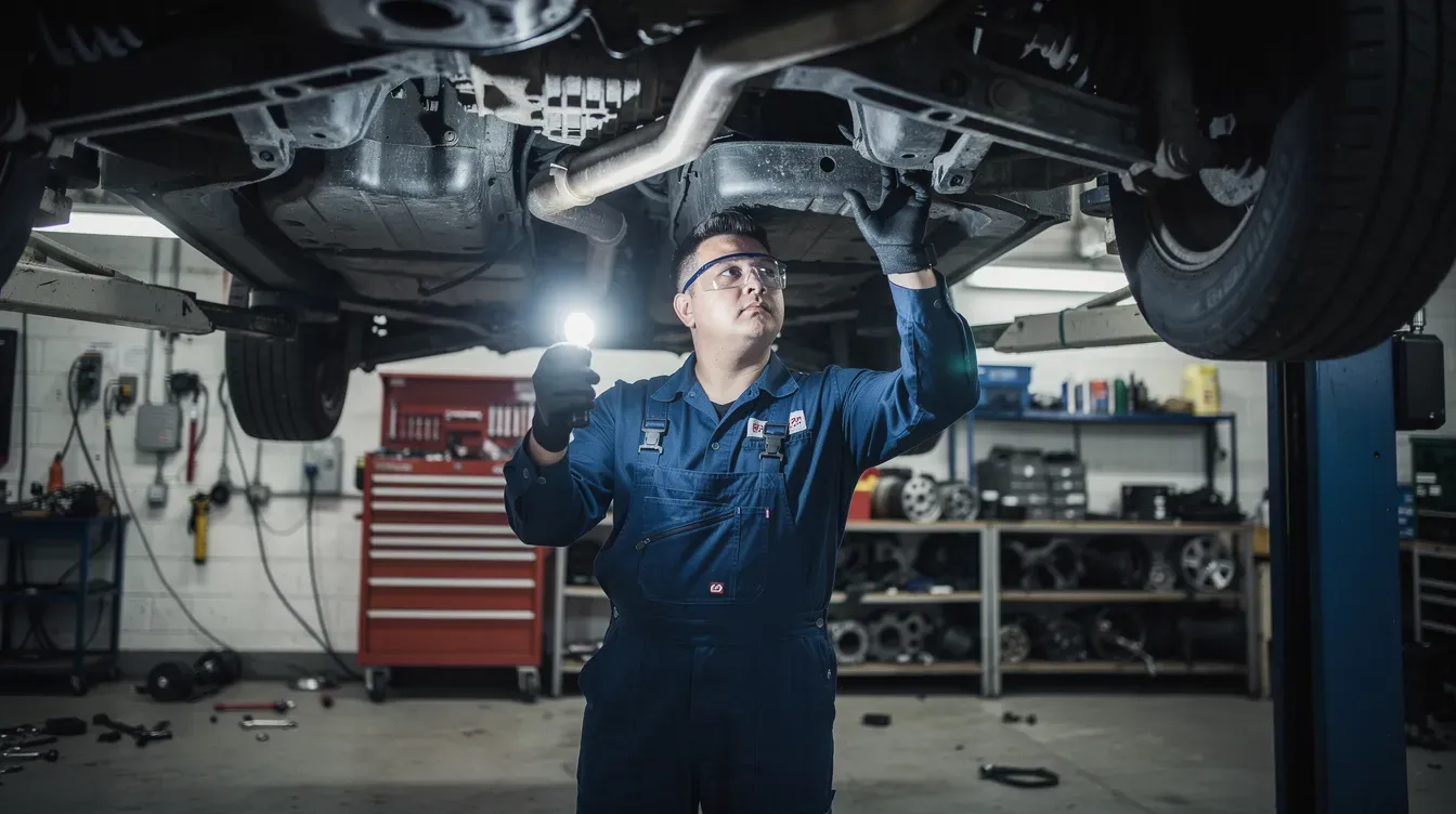 A mechanic in overalls is inspecting the underside of a car on a workshop ramp, ensuring that the vehicle meets road safety standards for its upcoming annual MOT test. The mechanic is focused on checking essential components like brakes and suspension to prevent any potential failures.
