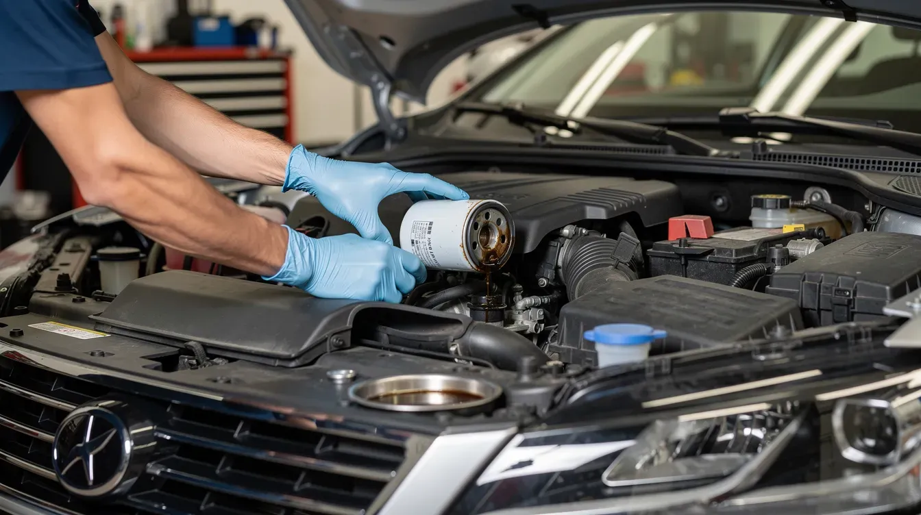 A mechanic wearing gloves is changing the oil filter in a car engine bay, surrounded by various engine components. This scene highlights the importance of regular vehicle maintenance to ensure it meets road safety standards and passes the annual MOT test.