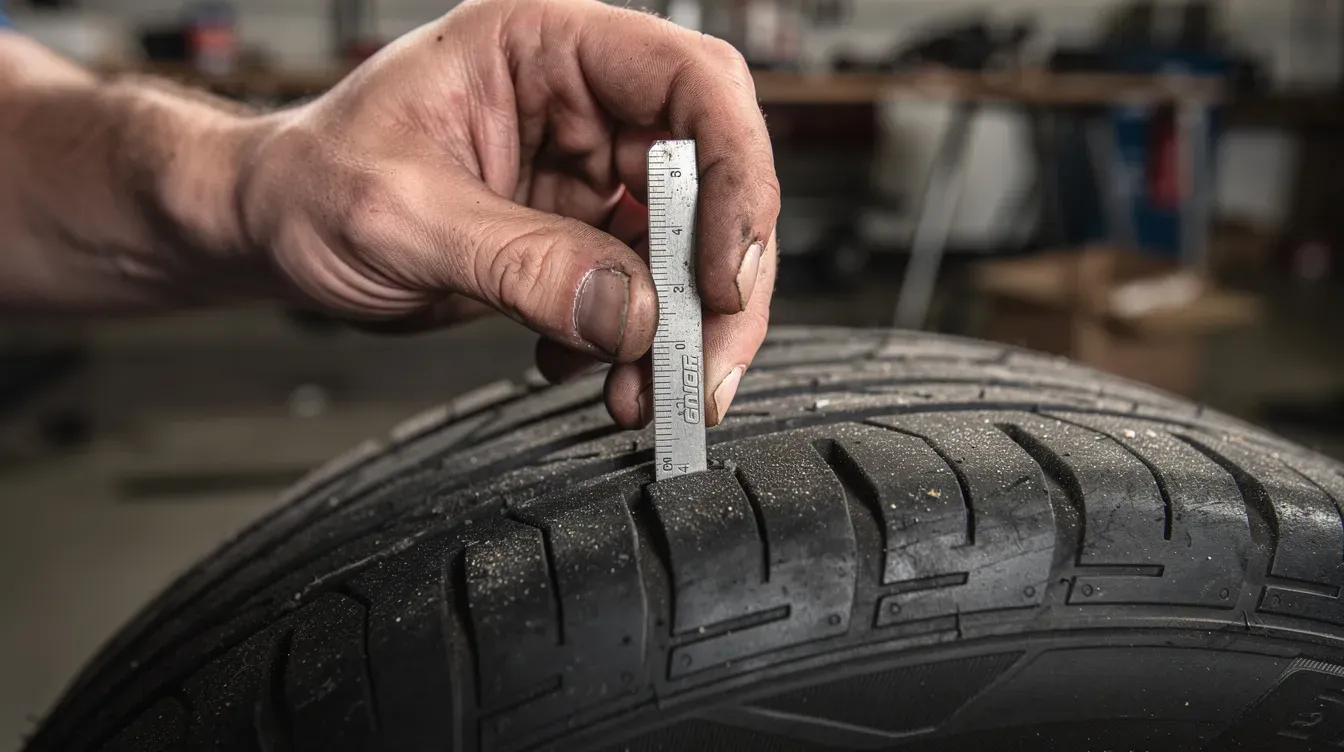 A close-up image shows a hand holding a tread depth gauge, measuring the depth of a car tyre, which is essential for ensuring the vehicle meets road safety standards. Proper tyre maintenance is crucial for passing the annual MOT test and avoiding potential vehicle failures.