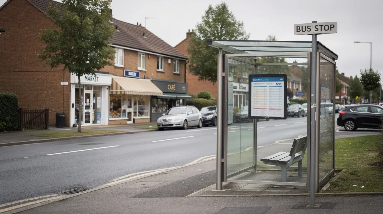 The image shows a bus stop situated on a residential road, with a row of neighborhood shops, including a post office, visible in the background. People are waiting at the bus stop, creating a lively atmosphere typical of a community area in Liverpool.