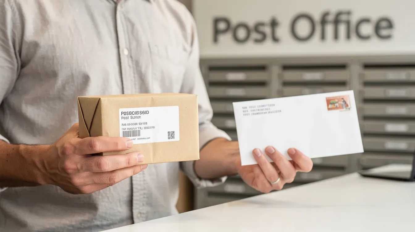 A person stands at a post office, holding a small parcel and an envelope, ready to send them off. The scene captures the anticipation of mailing items, with the post office logo visible in the background, symbolizing the security service that ensures safe delivery.