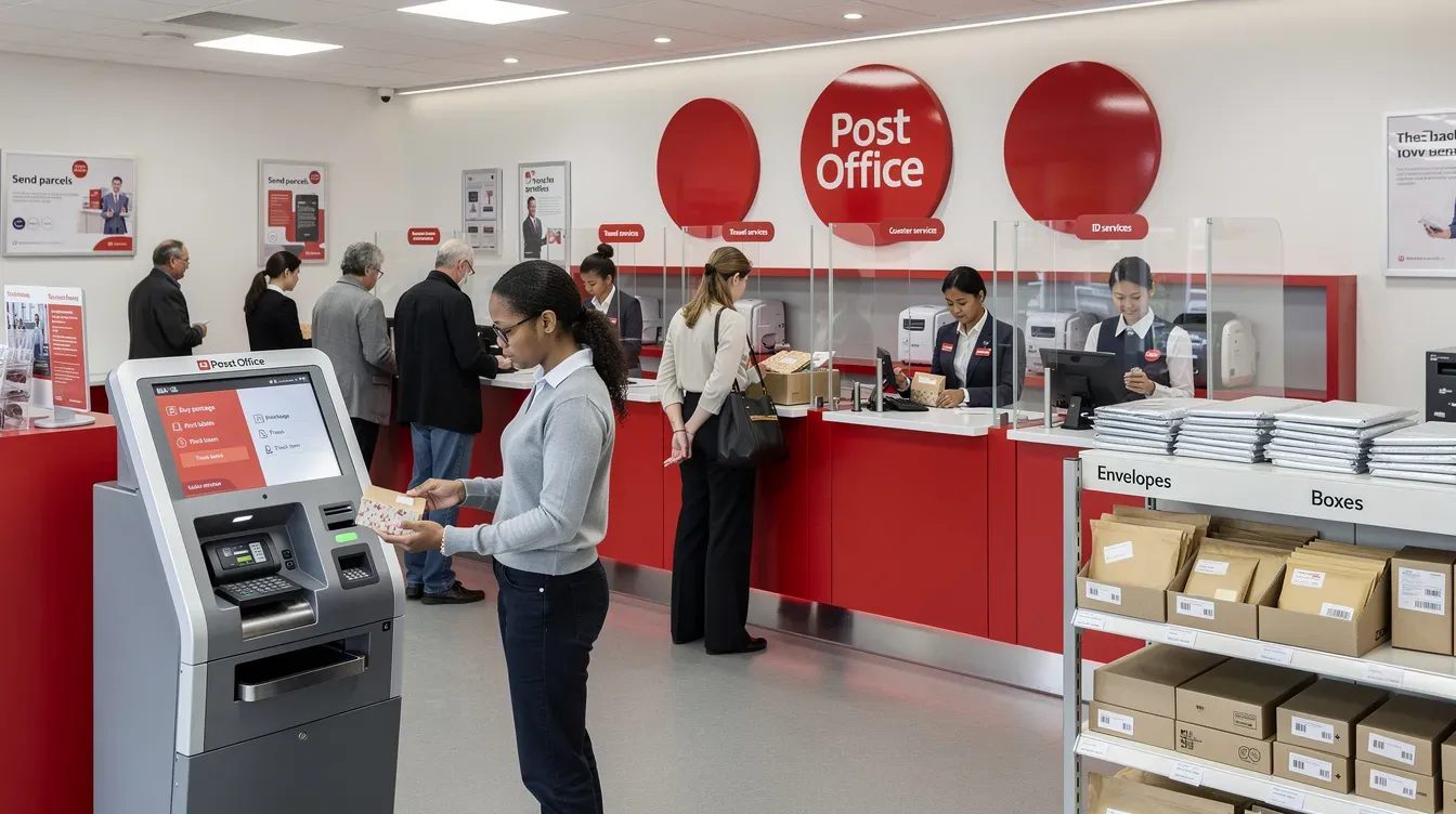 The image shows the interior of a modern UK post office branch, where customers are queuing at service counters while a self-service kiosk is prominently displayed in the foreground. This bustling scene highlights the post office's role in providing essential postal services, including sending letters and parcels, as well as offering support from the customer service team.