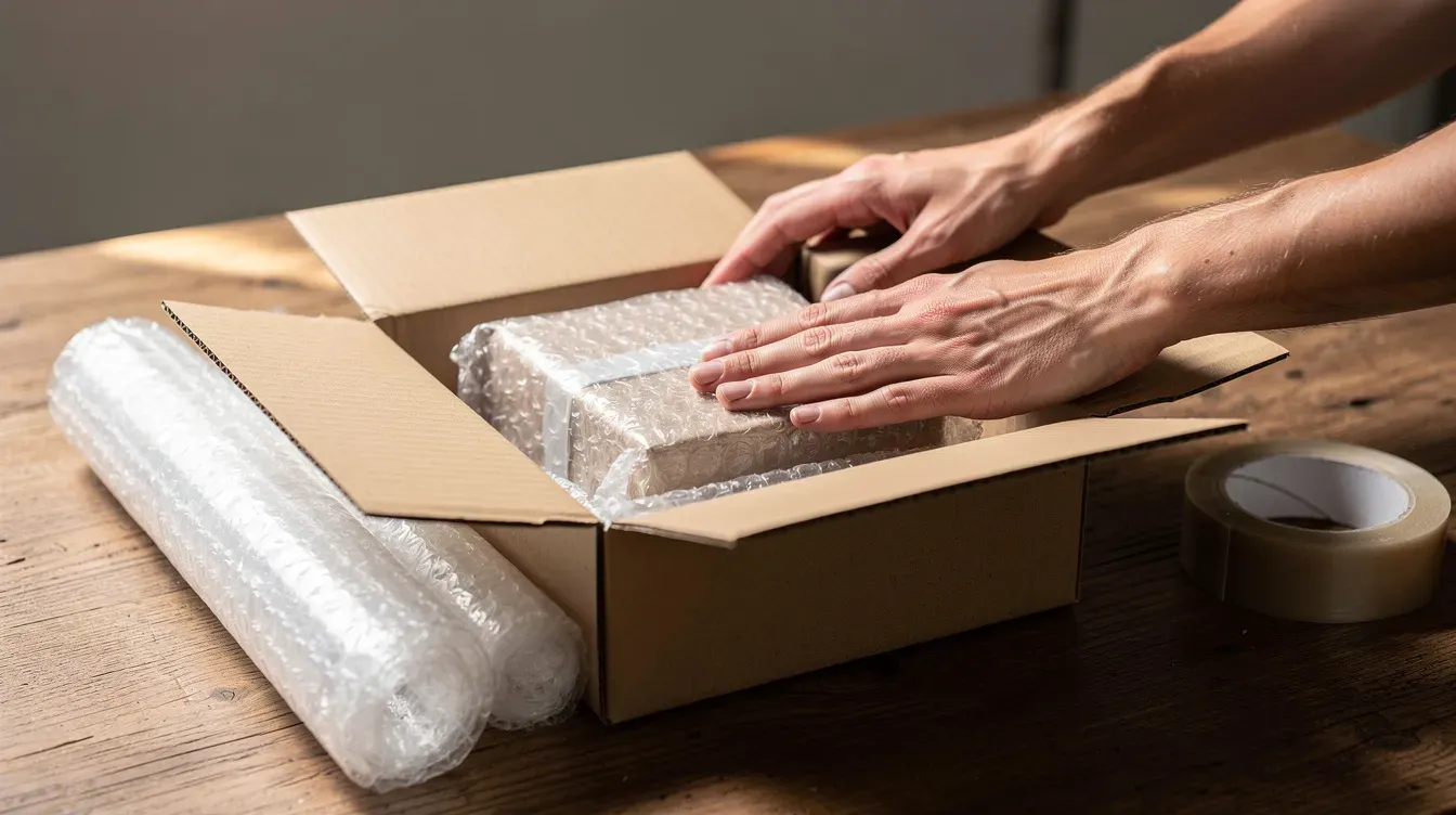 A pair of hands is gently packing a fragile item into a double-walled cardboard box, surrounded by bubble wrap and secured with tape, all resting on a wooden table. This careful process is essential for ensuring safe delivery through postal services like Royal Mail in the UK.