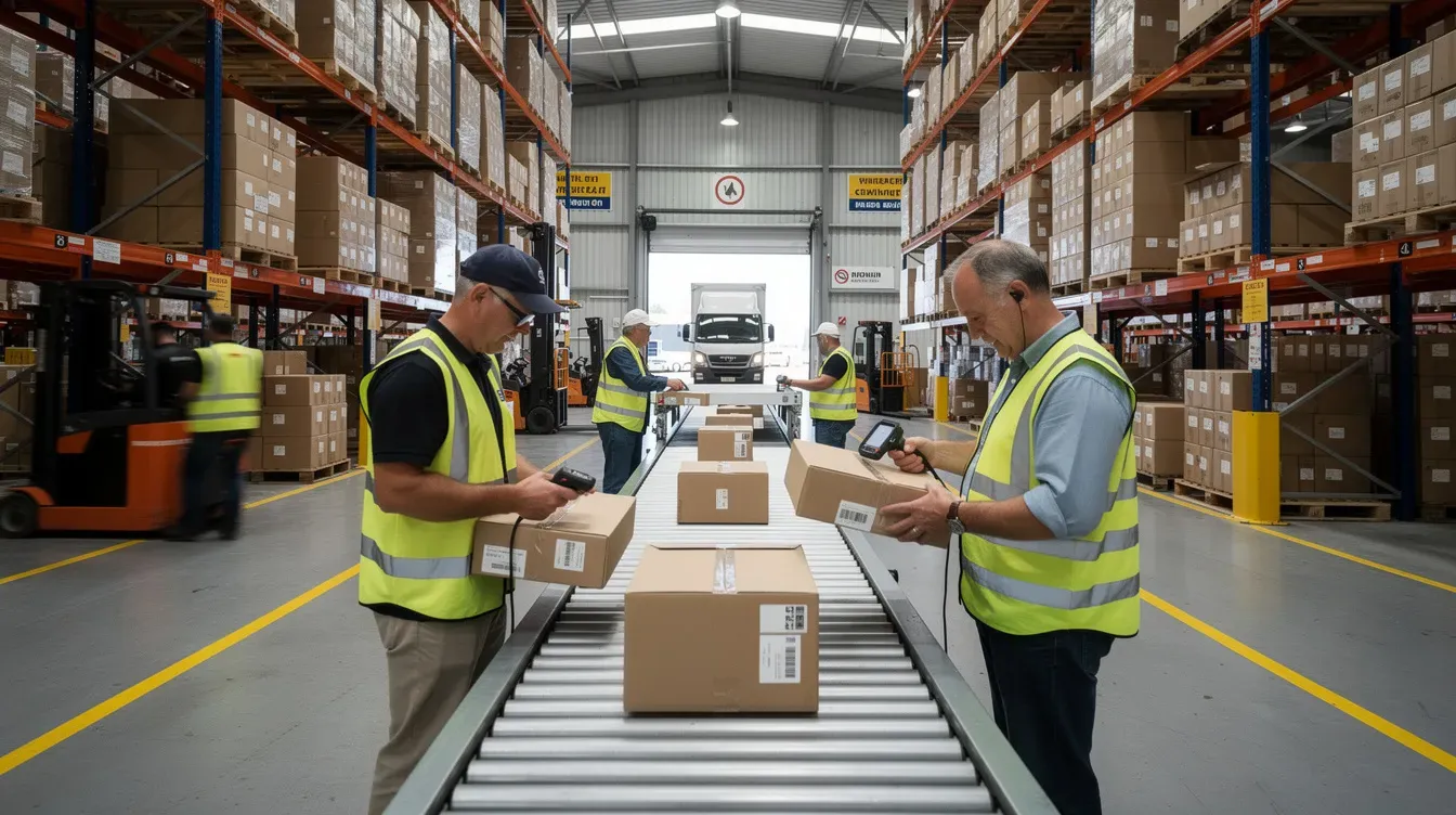 The image depicts a bustling e-commerce warehouse where workers are actively scanning parcels and placing them onto a conveyor belt for dispatch, showcasing the efficiency of parcel delivery services. This scene highlights the importance of proper handling and organization in the UK postal service, ensuring that letters and parcels are ready for timely delivery to customers.
