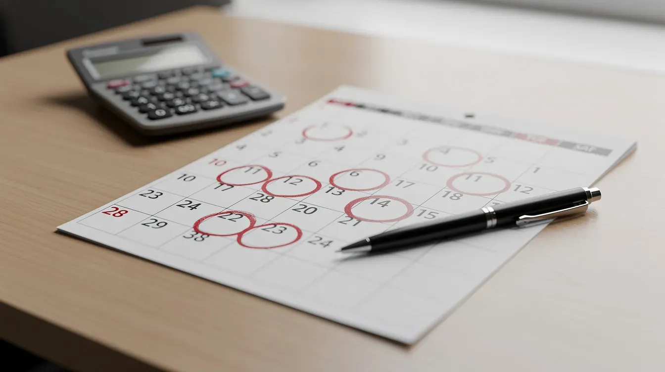 The image shows a calendar placed on a desk, with key dates related to self-assessment tax returns circled in red, alongside a pen and a calculator, emphasizing the importance of record keeping for income tax and digital tax affairs. This setup suggests preparation for managing tax obligations, especially for self-employed individuals and landlords.
