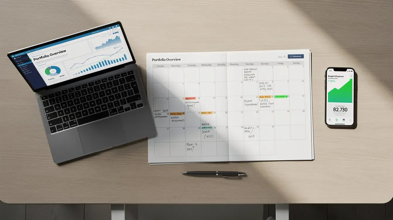 The image shows an open desk planner displaying a monthly view, accompanied by a laptop and smartphone that feature financial apps related to self-assessment and digital record keeping for income tax. This setup is ideal for self-employed individuals managing their tax affairs and ensuring compliance with the new rules called making tax digital.