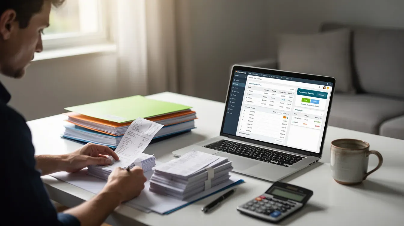 A person is meticulously organizing receipts and documents on a clean desk, with a laptop displaying accounting software designed for digital record keeping. This setup reflects the importance of maintaining accurate tax affairs, particularly for self-employed individuals and landlords, in light of the new rules called Making Tax Digital.