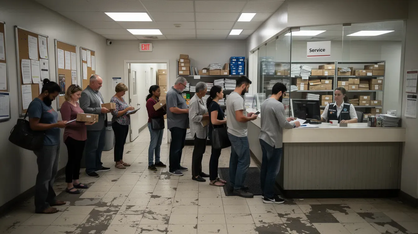 The image shows customers lining up inside a small post office, with a service counter visible in the background. This scene captures the everyday hustle of a post office, possibly located on Manor Park Road in Sheffield or London.