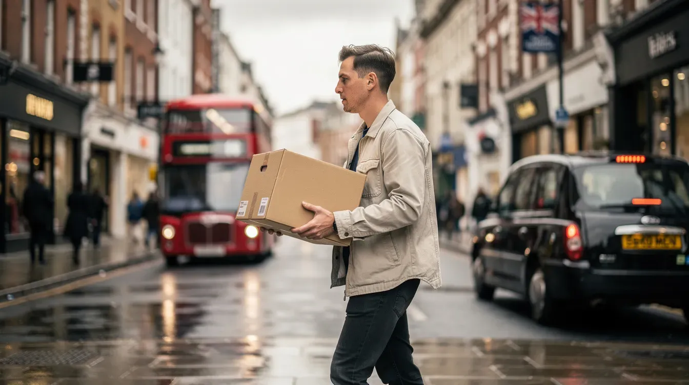 A person is walking along a bustling London high street, carrying a brown parcel box, with various shops visible in the background. The scene captures the vibrant atmosphere of the area, possibly near the Manor Park or Manor Park Road.