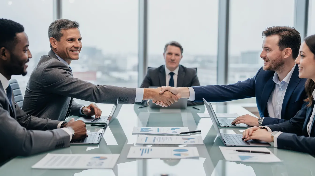The image depicts business professionals shaking hands across a conference table, surrounded by various documents, indicating a formal agreement or collaboration between companies. This scene symbolizes the importance of legal statements and articles of association in establishing partnerships and formalizing business relationships.