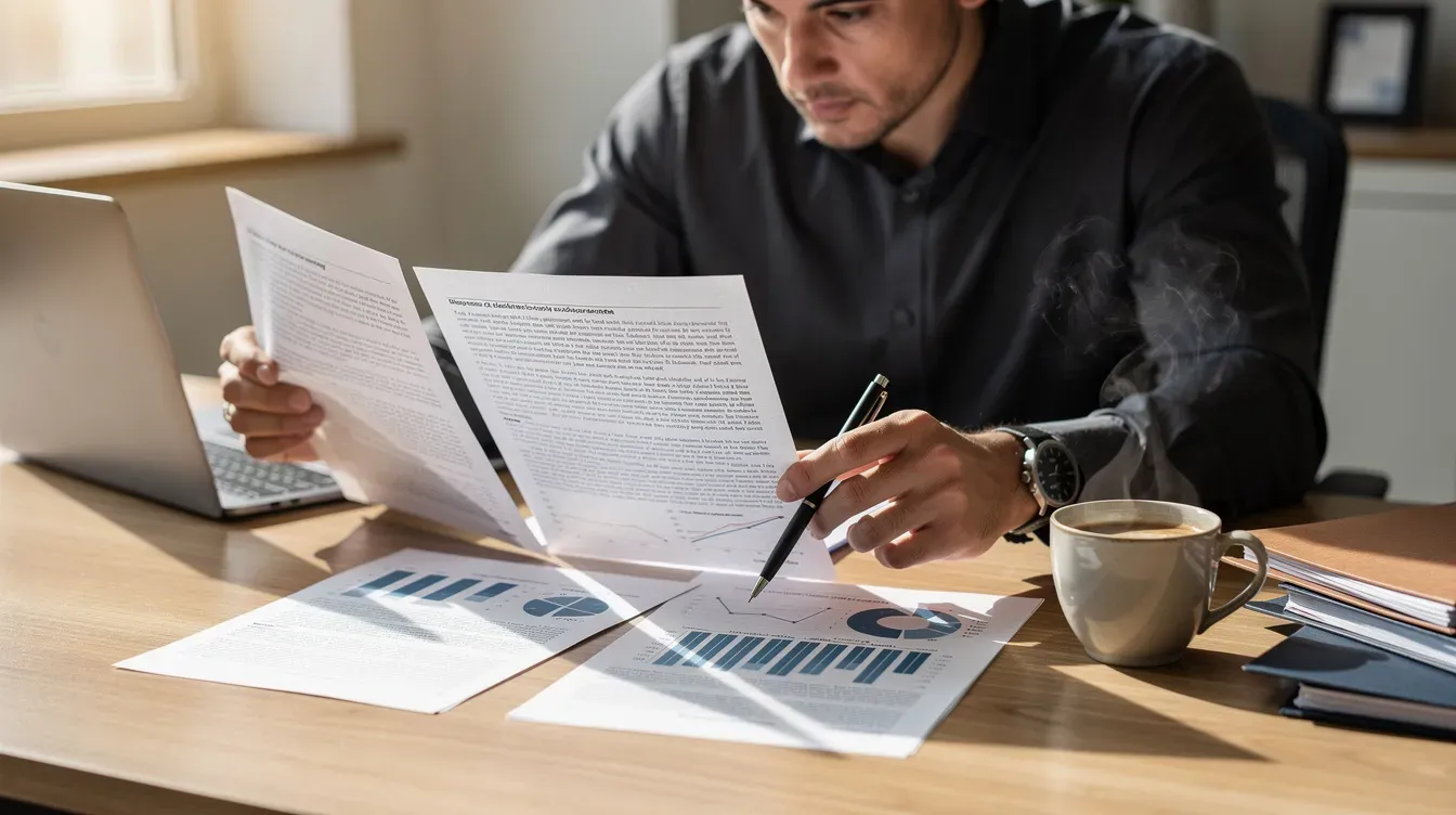 A person is seated at a desk, comparing documents side by side, while a cup of coffee sits nearby. The documents likely include financial reports such as profit and loss accounts or balance sheets, relevant for preparing micro entity accounts or filing small company accounts.