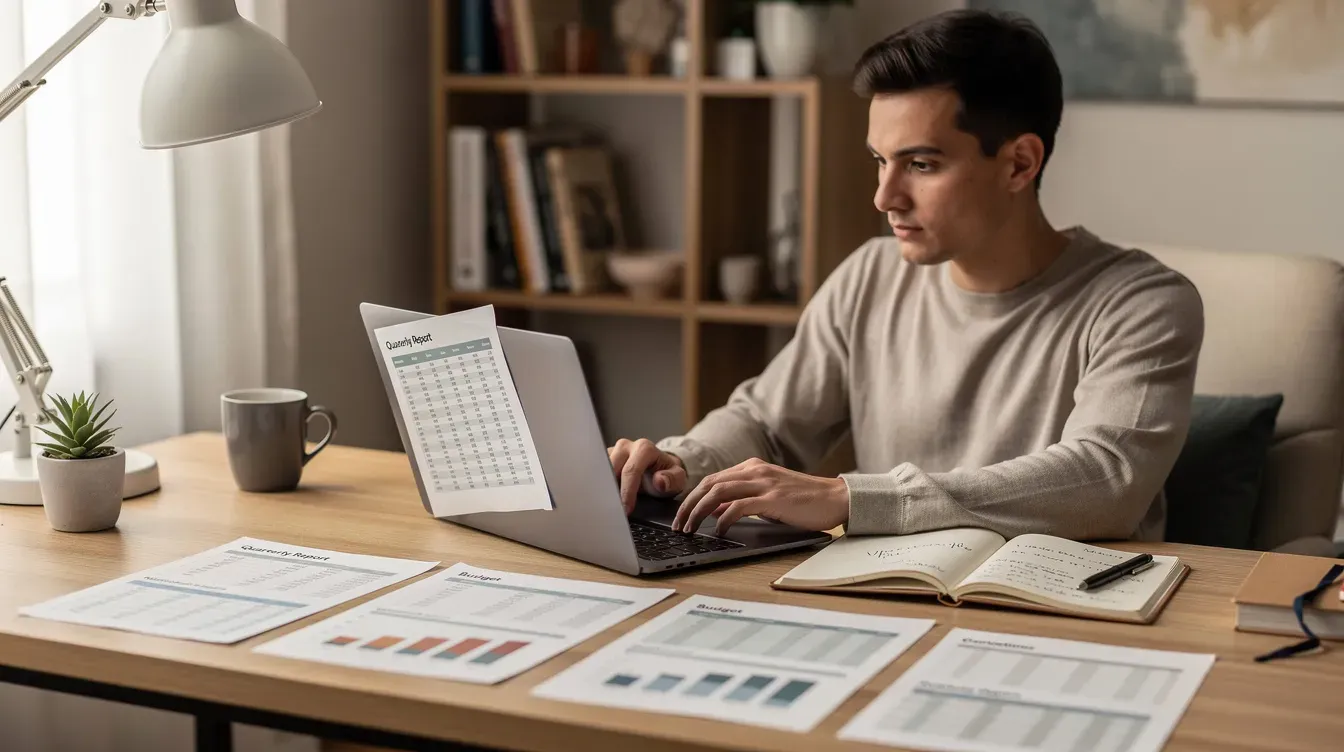 A person is seated at a desk in a home office, focused on their laptop while reviewing financial documents, including a profit and loss account and balance sheet. The setting suggests they are preparing micro entity accounts for submission to Companies House, indicating their engagement with small company accounts and financial reporting standards.