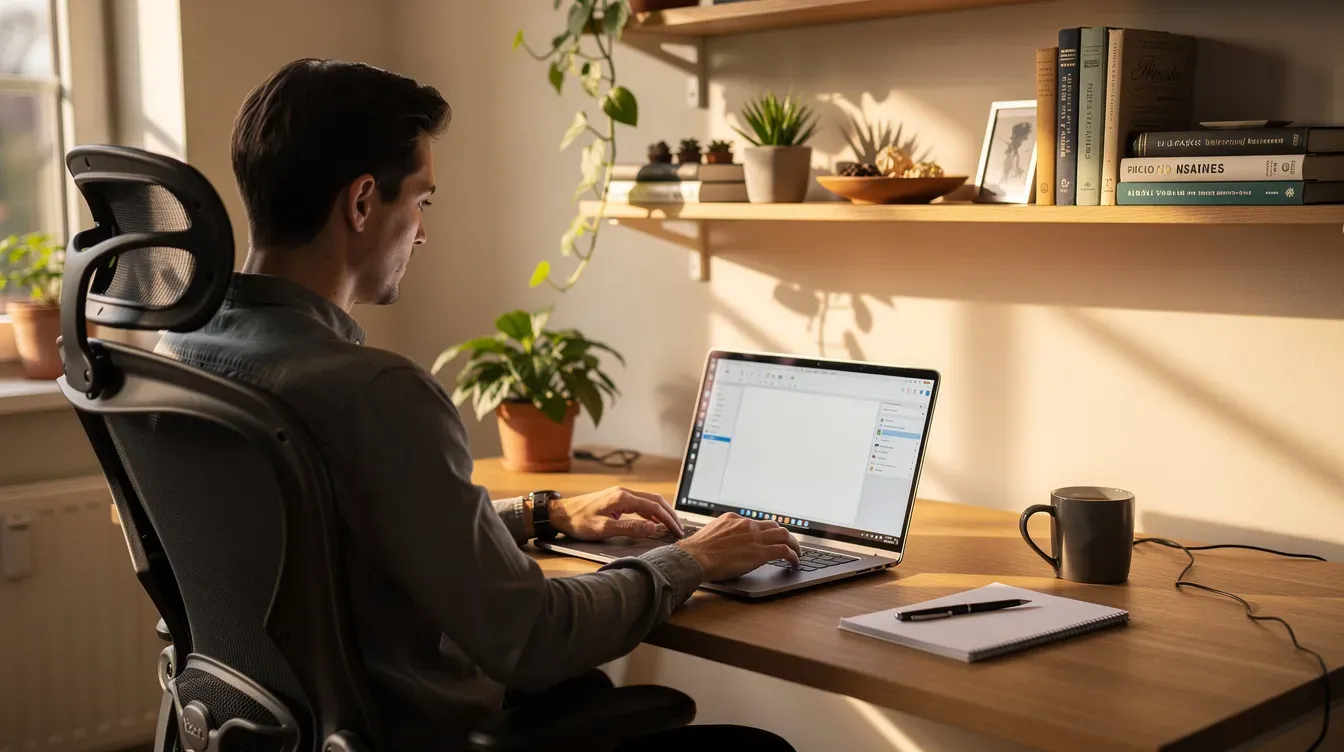 The image shows a person sitting at a desk in a home office, focused on using a laptop computer. This setting suggests a space where individuals might research or manage their financial support options, such as how to claim universal credit or navigate the transition from legacy benefits.