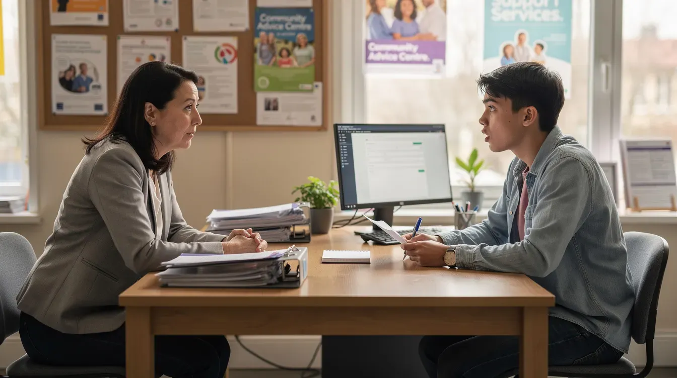 The image shows two individuals engaged in a conversation across a desk in a community advice centre, discussing how to claim universal credit and the implications of moving to universal credit from legacy benefits. The setting conveys a supportive environment where people can seek financial advice and assistance.