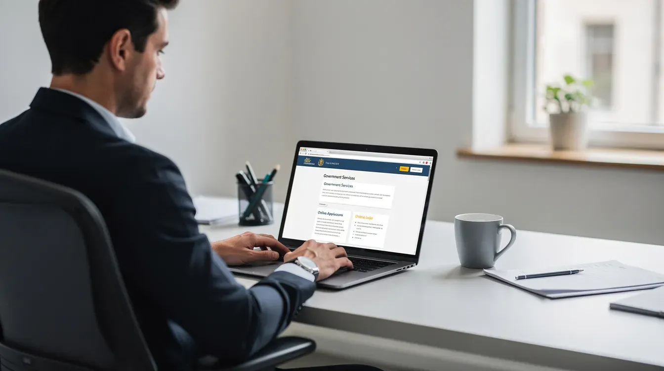 A person is seated at a desk, intently using a laptop to browse a government website related to obtaining a replacement MOT certificate online. The screen displays information about vehicle registration and the process for replacing a lost MOT certificate.